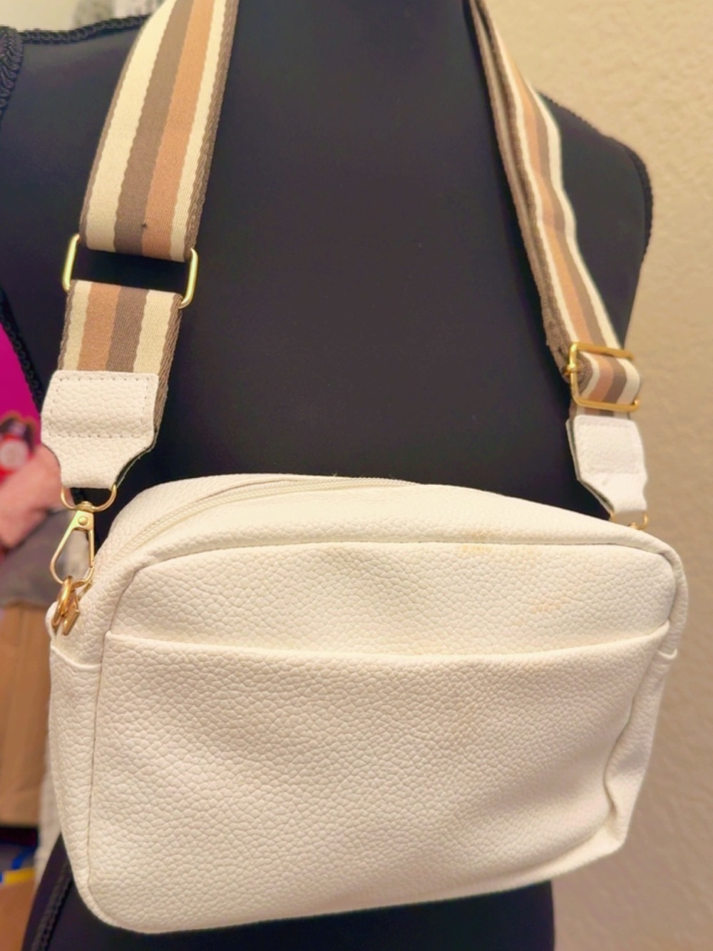 Women’s White Crossbody Bag with Striped Adjustable Strap